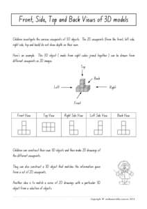 Front, Side, Top and Back Views of 3D models Children investigate the various viewpoints of 3D objects. The 2D viewpoints (from the front, left side, right side, top and back) do not show depth on their own. Here’s an 