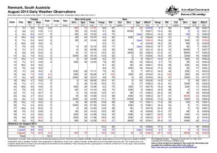 Renmark, South Australia August 2014 Daily Weather Observations Most observations are taken at the airport, 7 km southwest of the town. Evaporation data is taken from Lock V. Date