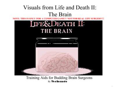 Visuals from Life and Death II: The Brain NOTE: THIS IS ONLY FOR A COMPUTER GAME!!! NOT FOR REAL LIFE SURGERY!!!  Training Aids for Budding Brain Surgeons