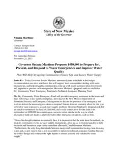 Occupational safety and health / Susana Martinez / Drinking water / Water supply / Management / State governments of the United States / Disaster preparedness / Emergency management / Humanitarian aid