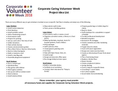Corporate Caring Volunteer Week Project Idea List There are many different ways to get volunteers involved at your nonprofit. Feel free to develop and adapt any of the following: Large Outdoor:  Install motion detecto