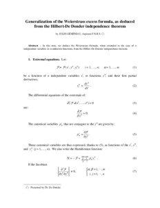 Generalization of the Weierstrass excess formula, as deduced from the Hilbert-De Donder independence theorem by JULES GÉHÉNIAU, Aspirant F.N.R.S. (*)