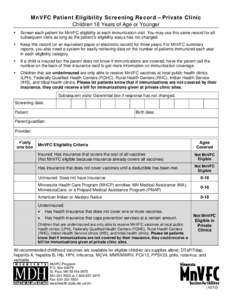 MnVFC Patient Eligibility Screening Record - Private Clinic - Minnesota Dept. of Health