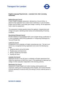 English Language Requirements – examples from other Licensing Authorities Bedford Borough Council A basic English language assessment, delivered by a Council officer, to determine that applicants have a basic level of 