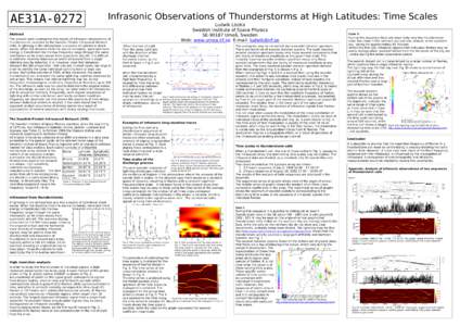 AE31AInfrasonic Observations of Thunderstorms at High Latitudes: Time Scales Ludwik Liszka Swedish Institute of Space Physics SEUmeå, Sweden
