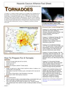 Hazards Caucus Alliance Fact Sheet www.hazardscaucus.org TORNADOES A tornado is a violently rotating column of air extending from a thunderstorm to the ground. In an average year, about 1,000 tornadoes are reported acros