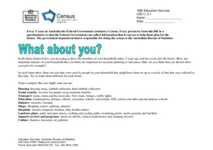 ABS Education Services C2011_5.1 Name: _____________________ Date: __________________ Every 5 years in Australia the Federal Government conducts a Census. Every person in Australia fills in a questionnaire so that the Fe