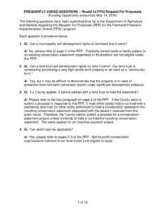 FREQUENTLY ASKED QUESTIONS – Round 13 FPIG Request For Proposals (Funding Opportunity announced May 14, 2014) The following questions have been submitted thus far to the Department of Agriculture and Markets regarding 