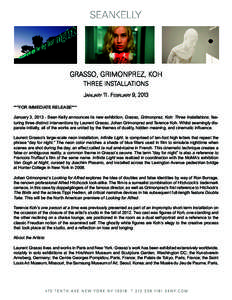 GRASSO, GRiMONpREz, KOH THREE iNSTAllATiONS JANuARY 11 - FEbRuARY 9, 2013 ***FOR IMMEDIATE RELEASE*** January 3, [removed]Sean Kelly announces its new exhibition, Grasso, Grimonprez, Koh: Three Installations, featuring