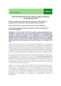 El desmantelamiento de José Cabrera cumple el programa establecido para[removed]Desde el comienzo de los trabajos, en el mes de febrero, se han generado y gestionado[removed]toneladas de materiales, todos ellos convencional