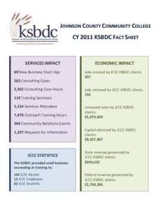 JOHNSON COUNTY COMMUNITY COLLEGE CY 2011 KSBDC FACT SHEET SERVICES IMPACT 69 New Business Start-Ups 563 Consulting Cases