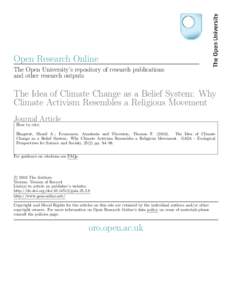 Open Research Online The Open University’s repository of research publications and other research outputs The Idea of Climate Change as a Belief System: Why Climate Activism Resembles a Religious Movement
