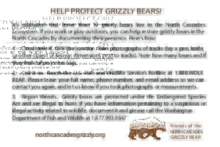 HELP PROTECT GRIZZLY BEARS! It’s estimated that fewer than 10 grizzly bears live in the North Cascades Ecosystem. If you work or play outdoors, you can help restore grizzly bears in the North Cascades by documenting th