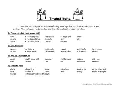 Transitions Transitions connect your sentences and paragraphs together and provide coherence to your writing. They help your reader understand the relationships between your ideas. To Enumerate (list ideas sequentially) 