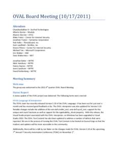 OVAL Board MeetingAttendees Chandrashekhar B – SecPod Technologies Alberto Bastos – Modulo Aharon Chernin – DTCC Blake Frantz – Center for Internet Security