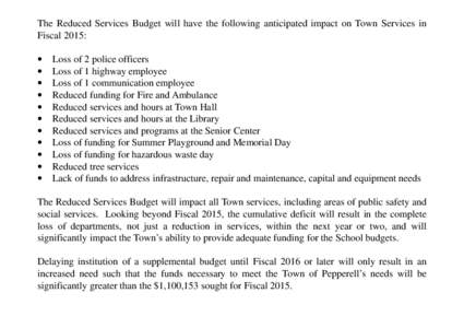 The Reduced Services Budget will have the following anticipated impact on Town Services in Fiscal 2015: • • • •