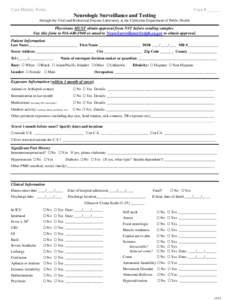 Case History Form  Case #______ Neurologic Surveillance and Testing through the Viral and Rickettsial Disease Laboratory at the California Department of Public Health