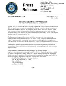 Press Release Public Affairs Office Commander, U.S. Fleet Forces Command 1562 Mitscher Avenue,