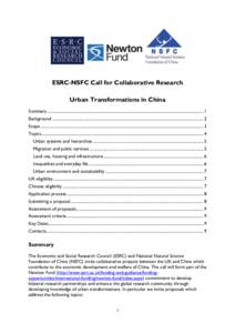 ESRC-NSFC Call for Collaborative Research Urban Transformations in China Summary ...........................................................................................................................................