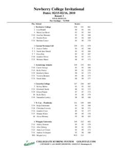 Newberry College Invitational Dates: [removed], 2010 Round: 2 FINAL RESULTS  Par-Yardage: [removed]