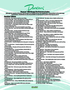 ® Duncan® Mid-Range Performance Index Although the majority of Duncan® fired products are designed for low-fire applications, many perform well at mid-range temperatures. Listed below are the characteristics of each D