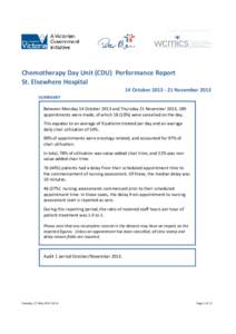 Report Version[removed]Chemotherapy Day Unit (CDU)  Performance Report St. Elsewhere Hospital 14 October 2013 ‐ 21 November 2013 SUMMARY