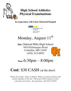 Union Memorial Hospital Pre-Participation Physical Exams - Fall Sports 2014