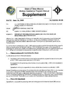 State of New Mexico Medical Assistance Program Manual Supplement DATE: June 26, 2009