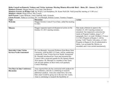 Idaho Council on Domestic Violence and Victim Assistance Meeting Minutes-Riverside Hotel – Boise, ID – January 24, 2014 Members Present: Maggie Strowd, Vice-Chair, Dan Bristol Members Present via Bridge Call: Sue Wel