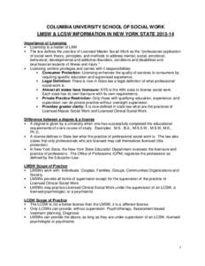 COLUMBIA UNIVERSITY SCHOOL OF SOCIAL WORK LMSW & LCSW INFORMATION IN NEW YORK STATE[removed]Importance of Licensing  Licensing is a matter of LAW  The law defines the practice of Licensed Master Social Work as the 