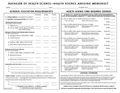 B A C H E LO R O F H E A LT H S C I E N C E —H E A LT H S C I E N C E A DV I S I N G WO R K S H E E T NAME: _________________________________________________ DATE: _________________________________ STUDENT ID #: ______