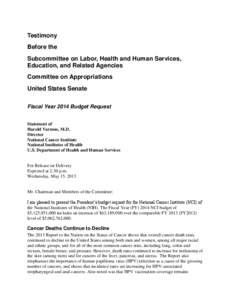 Testimony Before the Subcommittee on Labor, Health and Human Services, Education, and Related Agencies, Committee on Appropriations, United States Senate