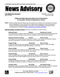 CALIFORNIA DEPARTMENT OF PARKS AND RECREATION  News Advisory FOR IMMEDIATE RELEASE: April 25, 2012