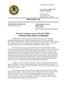 Press Release:  Harbert Companies Agree to Pay for $47 Million To Resolve False Claims Act Allegations