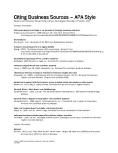 Citing Business Sources – APA Style  Based on the Publication Manual of the American Psychological Association, 6th edition, 2010   Company Information  