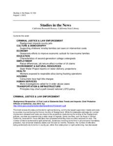 Studies in the News[removed]August 1, 2012 Studies in the News California Research Bureau, California State Library Contents this week: