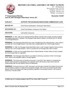 BRITISH COLUMBIA ASSEMBLY OF FIRST NATIONS 605 – 100 Park Royal West Vancouver, BC V7T 1A2 Telephone: [removed]Facsimile: [removed]Website: www.bcafn.ca