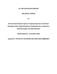 U.S. Fish and Wildlife Service Biological Opinion on WA State Surface Water Quality Standards Revisions:  Appendix B
