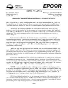 NEWS RELEASE For Immediate Release 2006AL0020June 5, 2006  Ministry of Agriculture and Lands