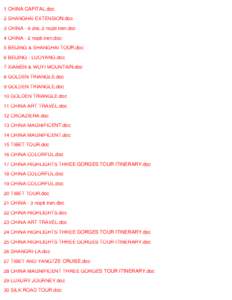 1 CHINA CAPITAL.doc 2 SHANGHAI EXTENSION.doc 3 CHINA - 9 zile, 2 nopti tren.doc 4 CHINA - 2 nopti tren.doc 5 BEIJING & SHANGHAI TOUR.doc 6 BEIJING - LUOYANG.doc