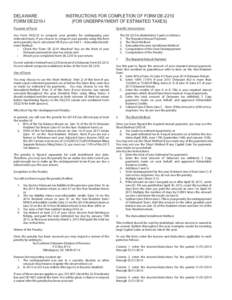 DELAWARE FORM DE2210-I INSTRUCTIONS FOR COMPLETION OF FORM DEFOR UNDERPAYMENT OF ESTIMATED TAXES)