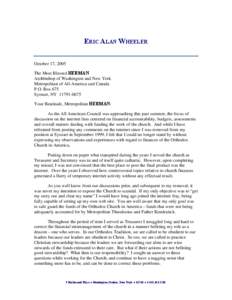 ERIC ALAN WHEELER October 17, 2005 The Most Blessed HERMAN Archbishop of Washington and New York Metropolitan of All-America and Canada P.O. Box 675