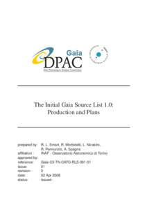 The Initial Gaia Source List 1.0: Production and Plans prepared by: R. L. Smart, R. Morbidelli, L. Nicastro, R. Pannunzio, A. Spagna affiliation :