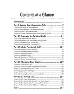 Contents at a Glance Introduction ................................................................ 1 AL  Part I: Getting Your Finances in Order .......................... 9