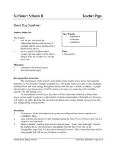 SunSmart Schools II  Teacher Page Good Day Sunshine! Student Objective