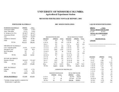 UNIVERSITY OF MISSOURI-COLUMBIA Agricultural Experiment Station MISSOURI FERTILIZER TONNAGE REPORT, 2001 FERTILIZER MATERIALS NITROGEN MATERIALS Ammonium Sulfate