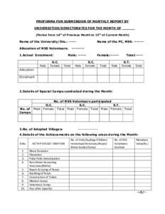 PROFORMA FOR SUBMISSION OF MONTHLY REPORT BY UNIVERSITIES/DIRECTORATES FOR THE MONTH OF ______ (Period from 16th of Previous Month to 15th of Current Month) Name of the University/Dte.: ----Allocation of NSS Volunteers: 