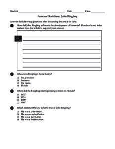 Student _________________________________________  Date ___________ Class ____________ Famous Floridians: John Ringling Answer the following questions after discussing the article in class.