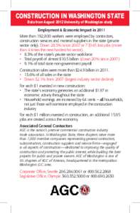 CONSTRUCTION IN WASHINGTON STATE Data from August 2012 University of Washington study Employment & Economic Impact in 2011 More than 192,800 workers were employed by contractors, construction services and material suppli