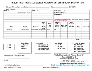 Microsoft Word - Request for RIMAC Accessible Materials Student Book Informationdoc